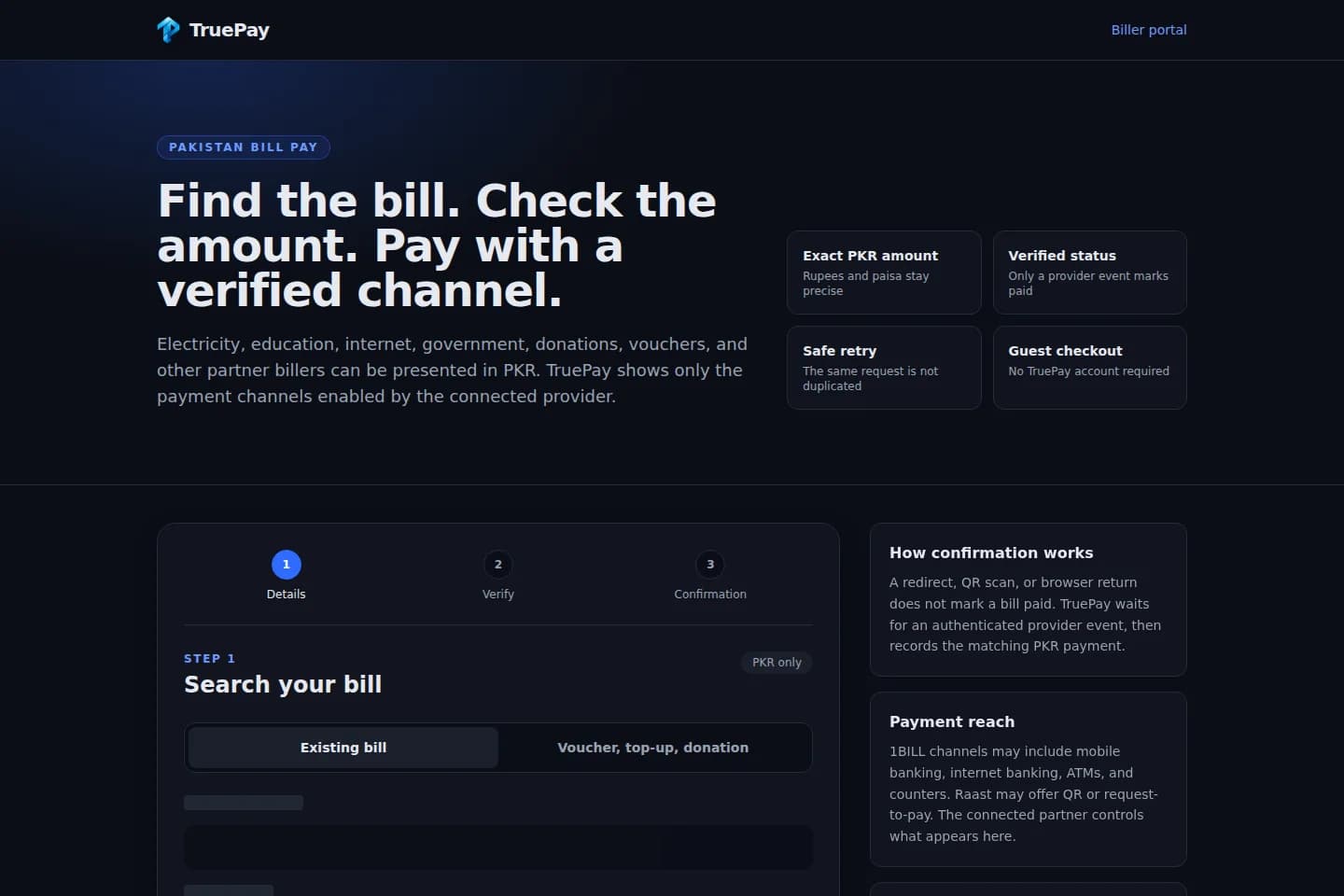 TruePay Pakistan bill payment flow